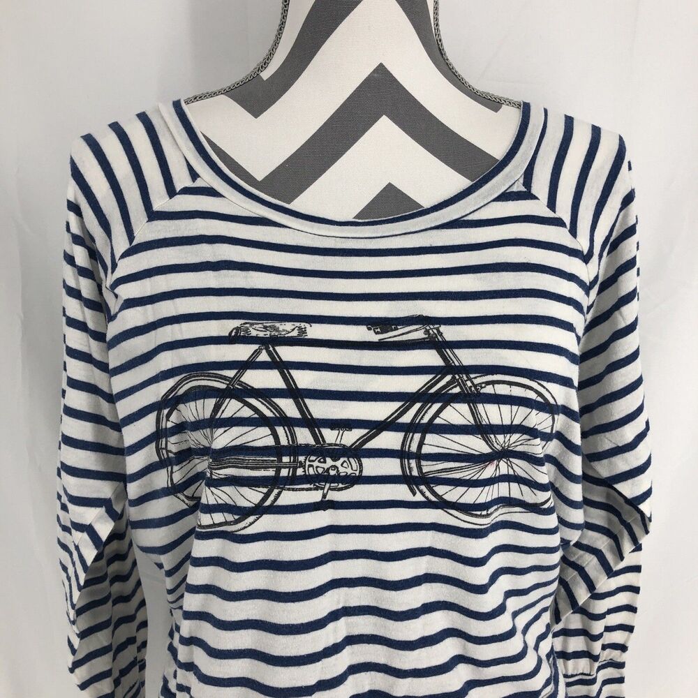 Tresics Blue White Striped Bicycle Graphic Long Sleeve Crop T Shirt Small